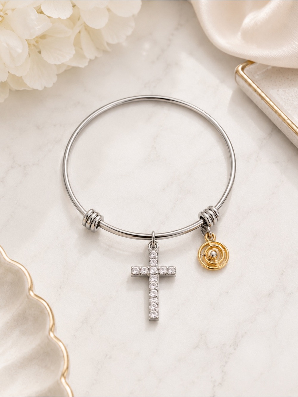 Love This Life Faith Cross Charm Bangle Bracelet Stainless Steel Crystal NWT